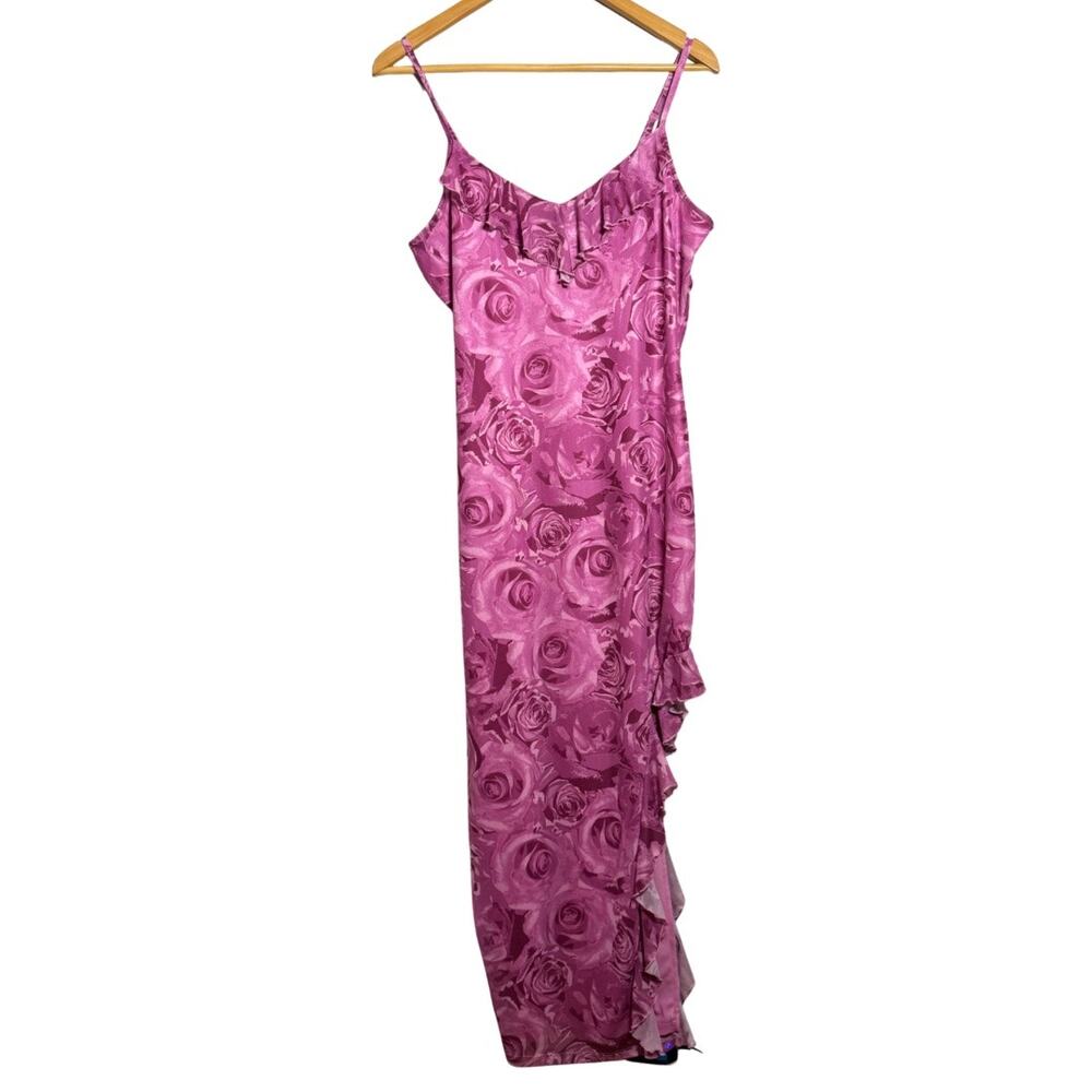 Almost Famous Mesh Ruffle Maxi Dress XL Pink Roses Fairy Coquette Y2K High Slit
